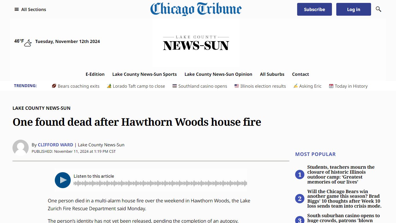 One found dead after Hawthorn Woods house fire - Chicago Tribune